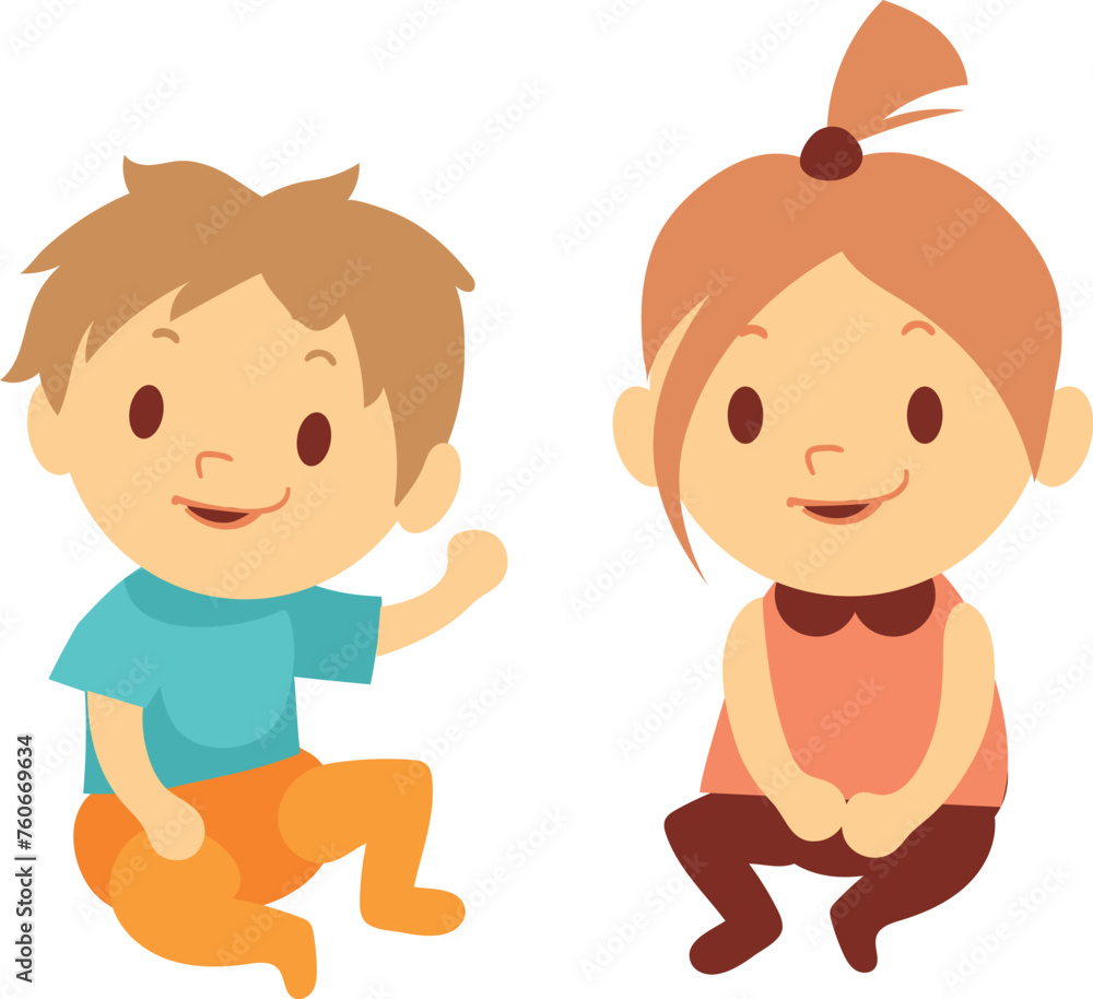 Boy and girl sitting together. Happy cartoon kids