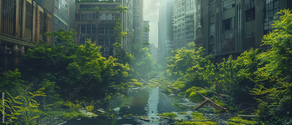 urban jungle scenes where nature has overtaken modern cities - obrazy, fototapety, plakaty 