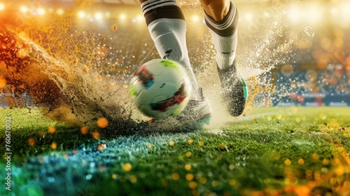 a football or soccer player's foot skillfully playing with the ball on the vibrant stadium turf, dynamic and intense moments of the game, emphasizing the precision and control of the player's movement