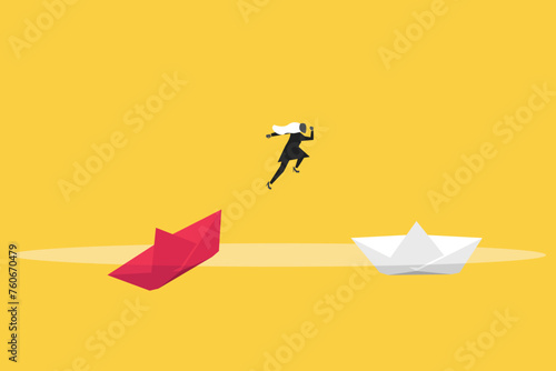 Business woman jumping sunken paper boat ship. Concept of Job opportunity and career, under pressure, risk, financial, and tax