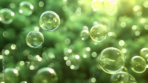 Floating Spheres of Serenity: A Green Sea of Transparent Soap Balloons Basking in Soft Sunlight