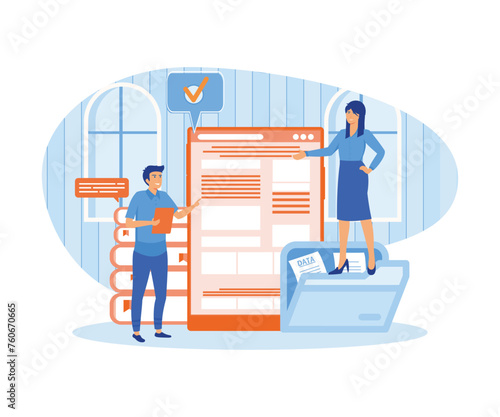 Online assistant Concept. Businessman personal assistant online service or platform. Worker answering calls and assisting with document. flat vector modern illustration