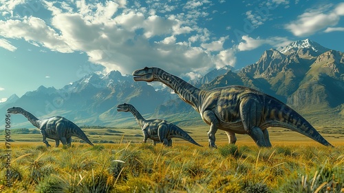 Dinosaurs in the Triassic period age in the green grass land and blue sky background  Habitat of dinosaur  history of world concept