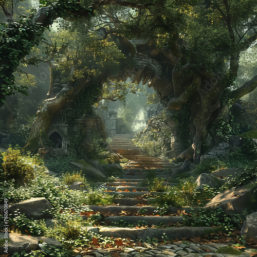 A lush enchanted forest with towering trees