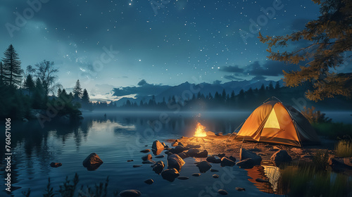 3D concept of a summer night camping scene with a glowing tent © DJSPIDA FOTO