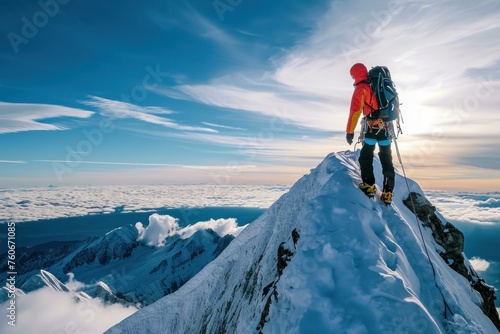 Fearless Adventurer climbing. Outdoor success person. Generate Ai © anatolir