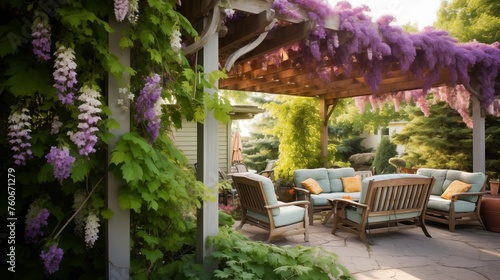 Incorporate a pergola with climbing vines for shade and beauty.