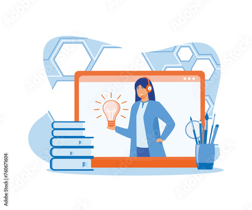 Online assistant 1 Concept. Female hotline operator advises client. Online assistant, virtual help service.  flat vector modern illustration