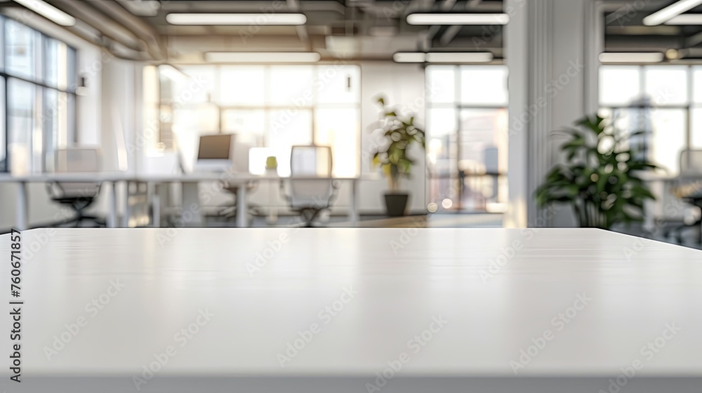 Empty office table with blur office on background - obrazy, fototapety, plakaty 