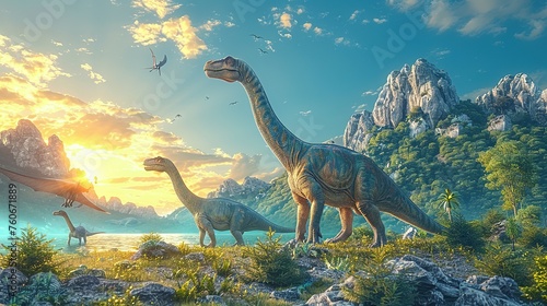 Dinosaurs in the Triassic period age in the green grass land and blue sky background, Habitat of dinosaur, history of world concept © Jennifer