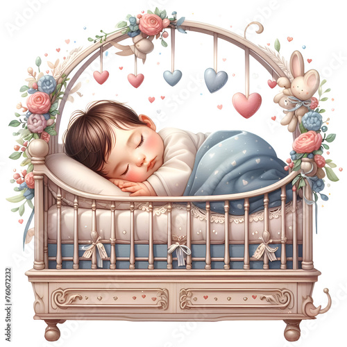 Cute Sleeping Baby in Cradle Clipart Watercolor Sleep Baby Shower First Birthday Printable Sleepy Baby PNG for Paper Craft Junk Journal Stickers