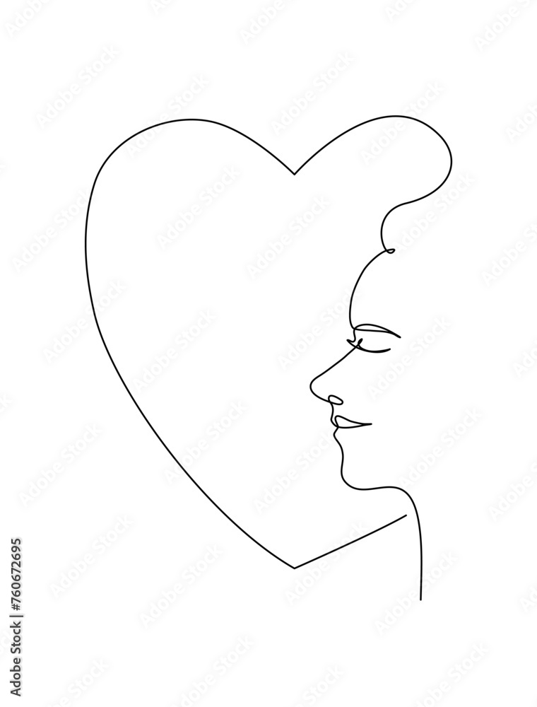 Continuous line art of a beautiful woman face with heart symbol editable lineart vector in mental health concept. Continuous line art of a beautiful woman face with heart symbol editable lineart vector in mental health concept.