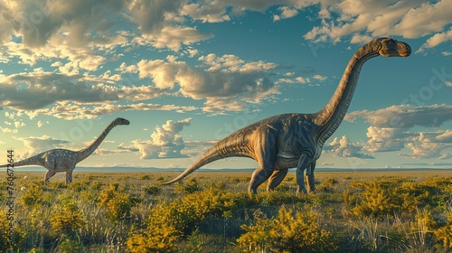 Dinosaurs in the Triassic period age in the green grass land and blue sky background  Habitat of dinosaur  history of world concept