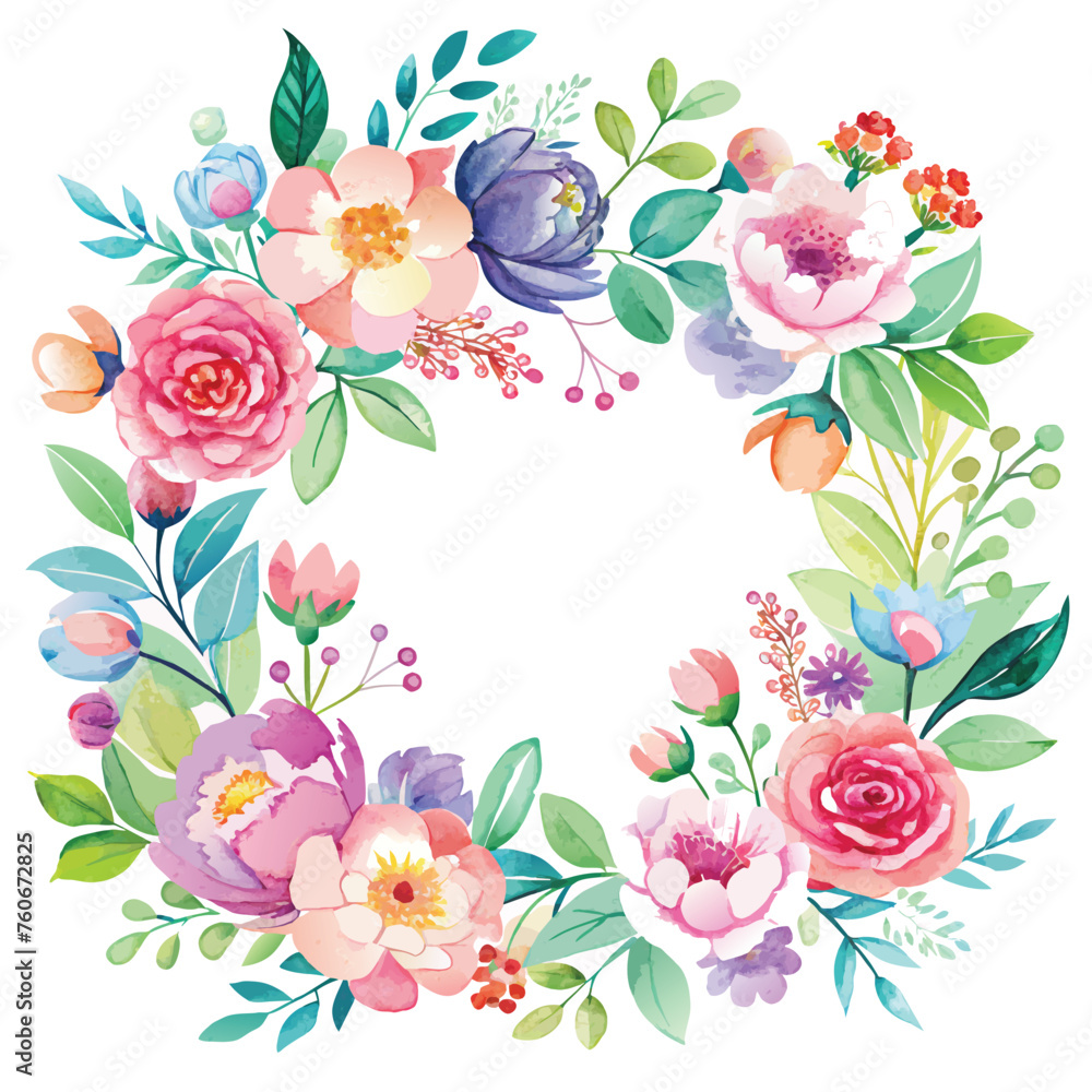 Watercolor floral wreath with flowers and leaves. Hand drawn vector illustration.