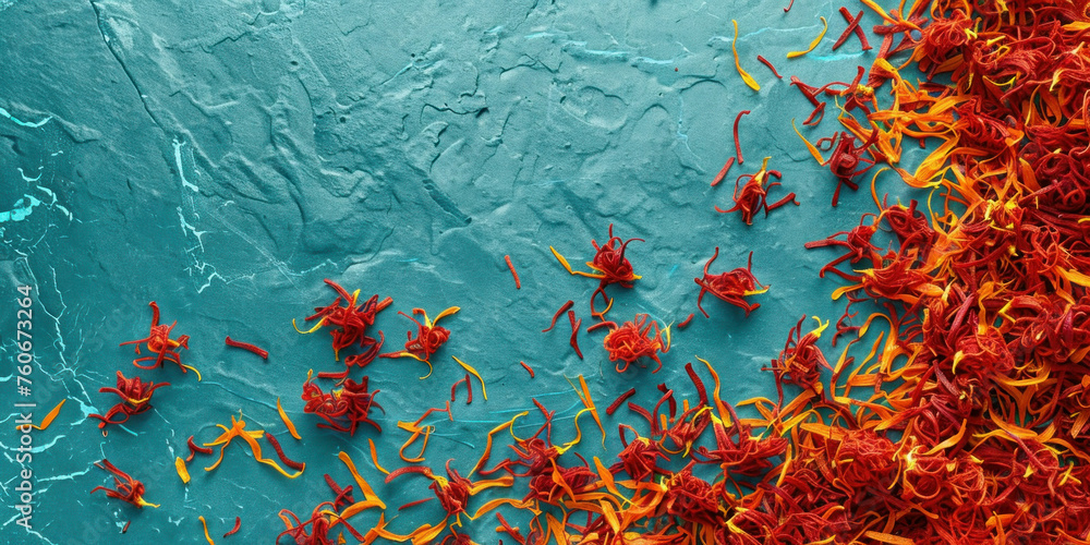 Closeup of vibrant orange and red flowers on blue surface, beautiful floral background with vivid colors Closeup of vibrant orange and red flowers on blue surface, beautiful floral background with vivid colors