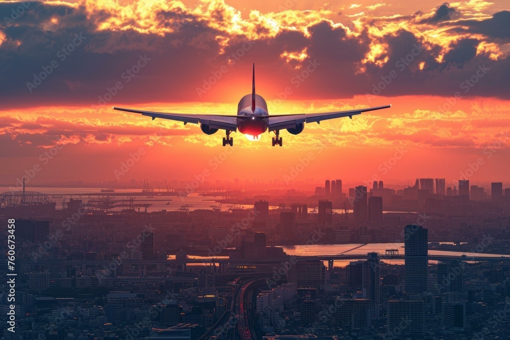 Majestic Aeroplane flying sunset. Motor air jet. Generate AI