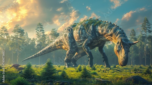 Dinosaurs in the Triassic period age in the green grass land and blue sky background  Habitat of dinosaur  history of world concept