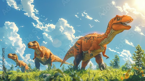 Fototapeta Naklejka Na Ścianę i Meble -  Dinosaurs in the Triassic period age in the green grass land and blue sky background, Habitat of dinosaur, history of world concept