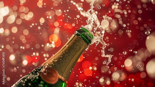 Champagne Bottle Popping with Red Festive Background