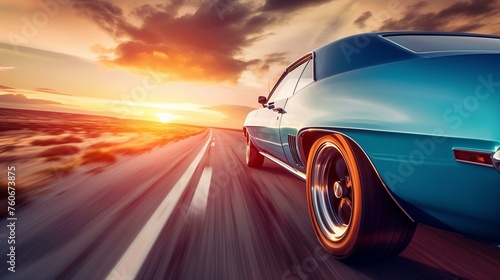 Classic Muscle Car Speeding at Sunset