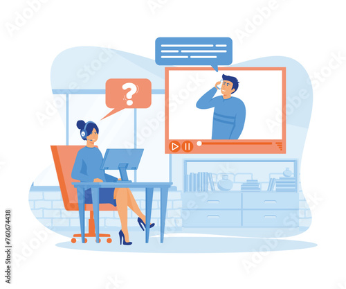 Hotline operator concept. Female hotline operator advises client, Customer service, Customer and operator.  flat vector modern illustration