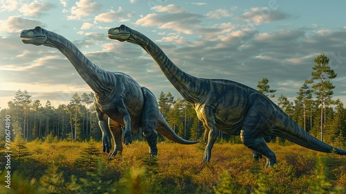 Fototapeta Naklejka Na Ścianę i Meble -  Dinosaurs in the Triassic period age in the green grass land and blue sky background, Habitat of dinosaur, history of world concept