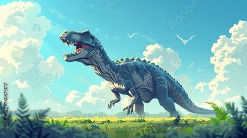 Dinosaurs in the Triassic period age in the green grass land and blue sky background  Habitat of dinosaur  history of world concept