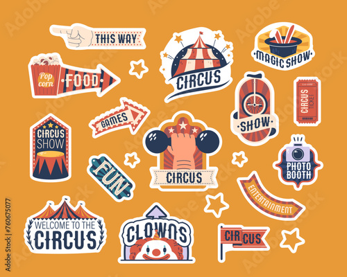 Circus Labels Or Stickers Set Feature Vibrant, Eye-catching Retro Designs With Classic Motifs Such As Tents, Clowns