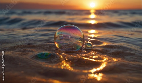Abstract beautiful transparent soap bubbles floating on sunset background Abstract beautiful transparent soap bubbles floating on sunset background on beach