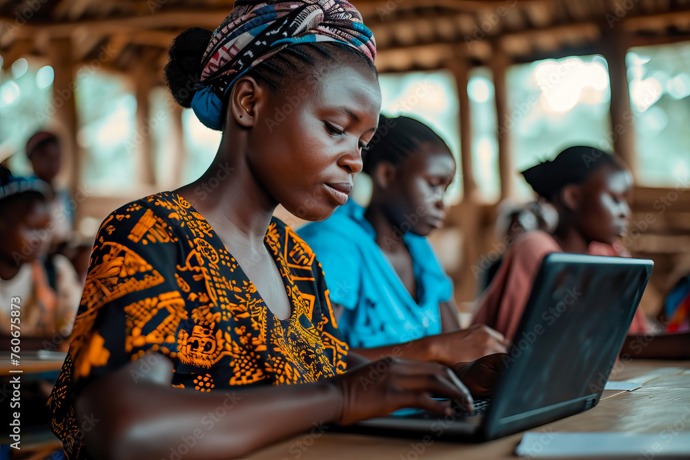 Women utilizing digital platforms for education in low-resource settings. Technology, online learning environments, connectivity. Modern and progressive view. 