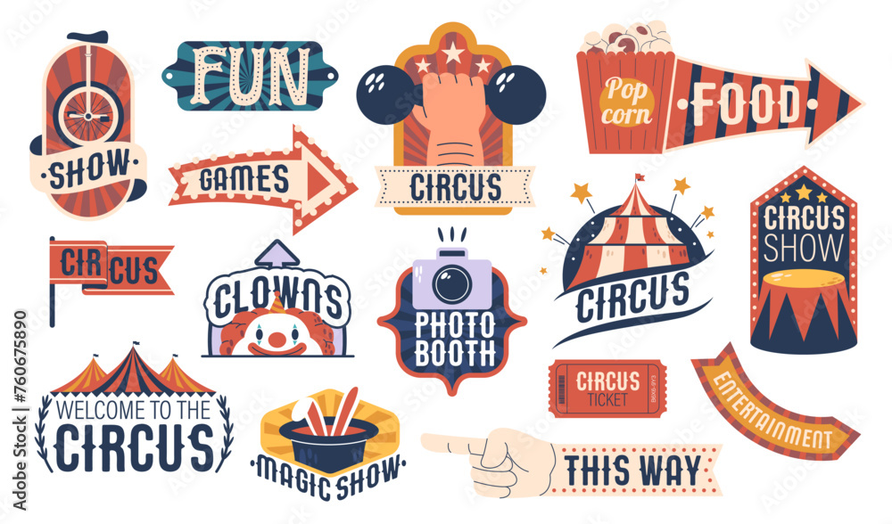 Set Of Circus Labels Feature Vibrant, Eye-catching Retro Designs With Classic Circus Motifs Such As Tents, Clown, Rabbit