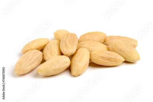 Blanched almond nuts, isolated on white background.