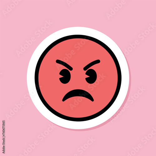 enraged face emoji sticker, red angry expression sticker on pink background, black outline, vector design element
