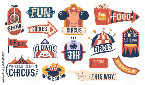 Set Of Circus Labels Feature Vibrant, Eye-catching Retro Designs With Classic Circus Motifs Such As Tents, Clown, Rabbit