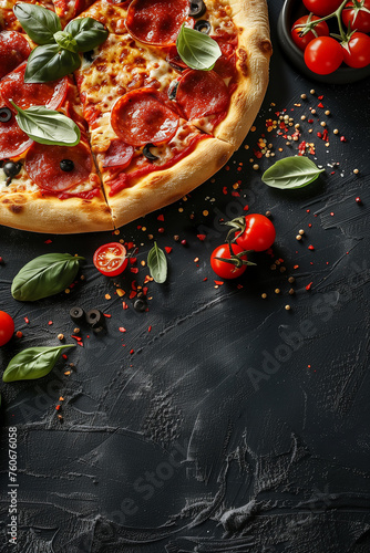 Top view of pizza for food background with empty space for text, Generative AI.