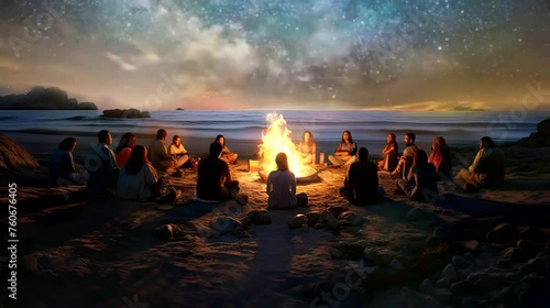 a captivating scene of a beach bonfire surrounded by friends and family, sharing stories and breaking fast during the tranquil Ramadan night. seamless looping time-lapse virtual 4k video animation photo