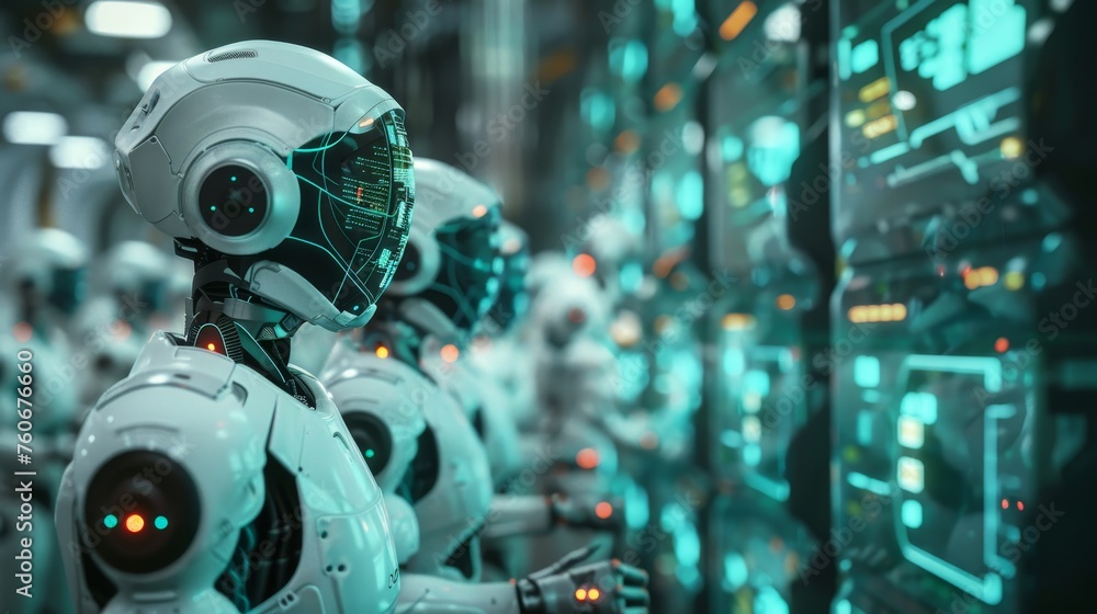 An array of white high-tech robots with blue illuminated circuit board heads, standing in a futuristic facility. An array of white high-tech robots with blue illuminated circuit board heads, standing in a futuristic facility.
