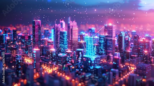 Magical twilight scene of a bustling cityscape illuminated by neon lights and sparkling stars above.