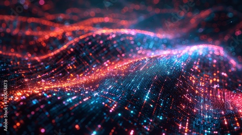 Abstract digital landscape with a wave of neon blue and red particles, symbolizing data flow and connectivity.