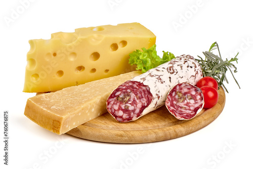 Maasdam, parmesan cheese and Cured salami sausage, isolated on white background. photo