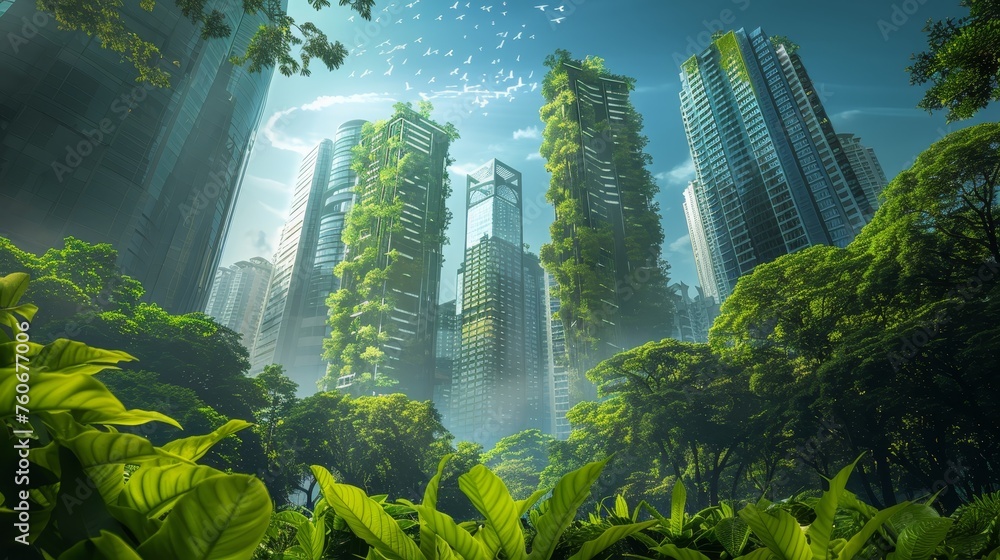 A breathtaking urban jungle thrives among modern skyscrapers, with sunlight streaming through the verdant canopy.