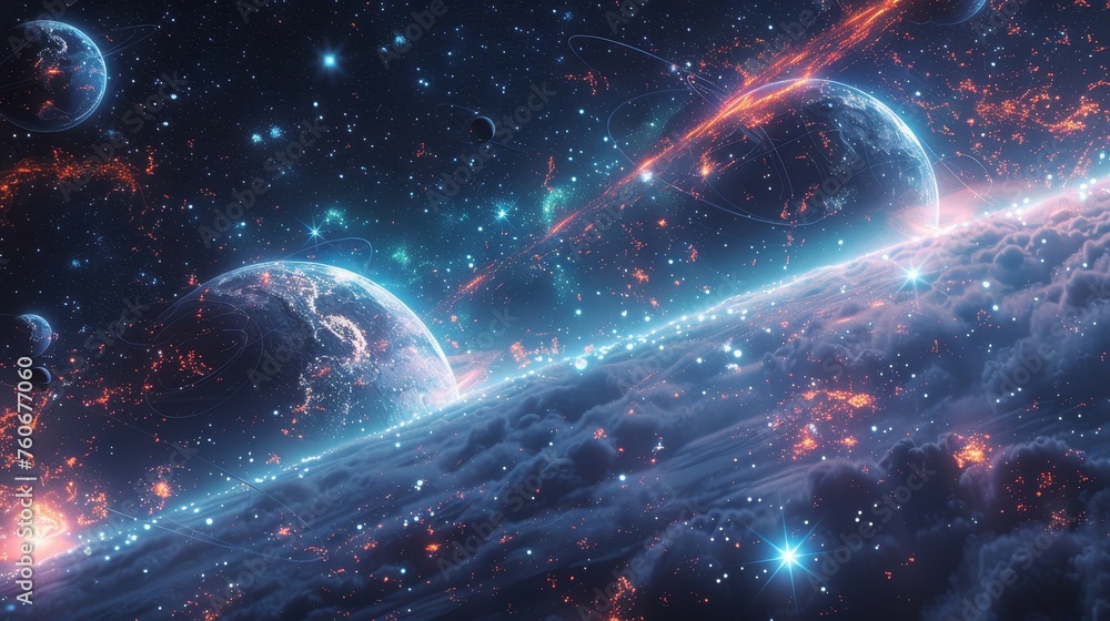A breathtaking cosmic scene featuring planets, interstellar clouds, and vibrant cosmic trails across a star-studded sky. A breathtaking cosmic scene featuring planets, interstellar clouds, and vibrant cosmic trails across a star-studded sky.