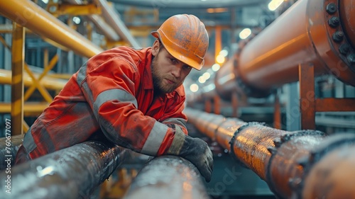 A male employee inspects the pipeline visually corrosion from oil and gas rust in the socket tube pipeline steam gas leak photo