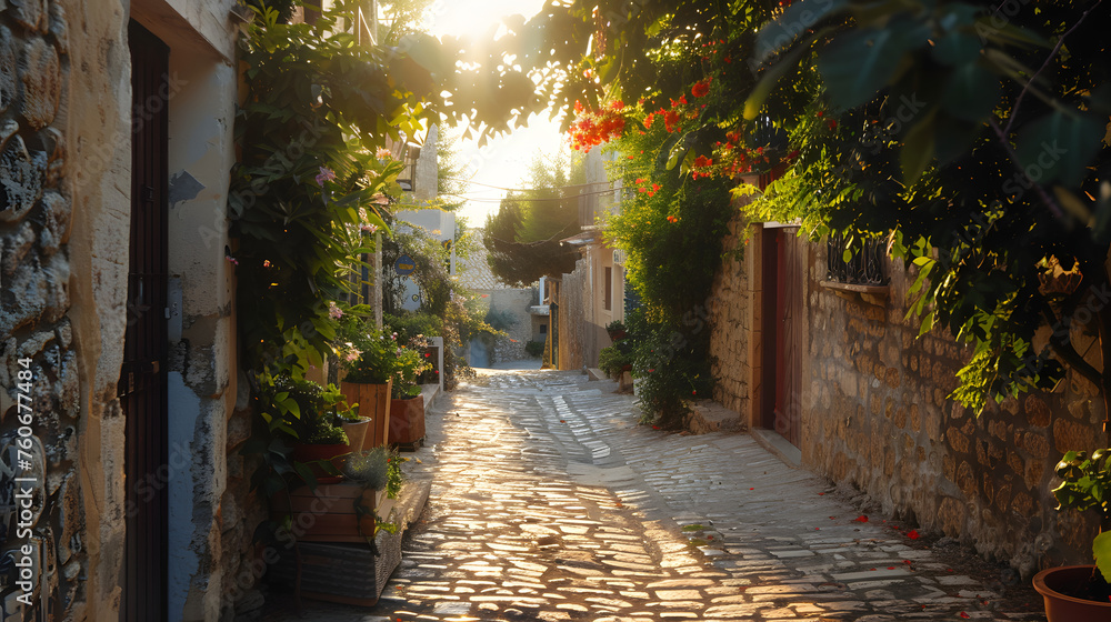 Narrow street in a Mediterranean village on a hot summer afternoon.