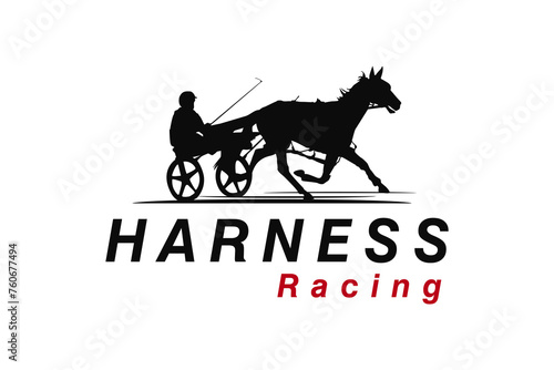 harness racing horse and chariot, with flat road background, logo, illustration