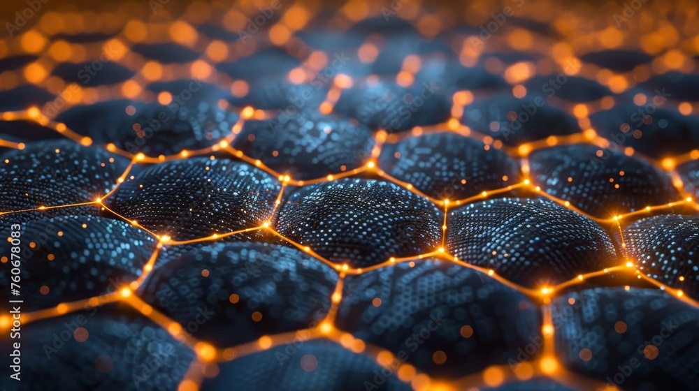 Close-up view of a carbon nanostructure with a hexagonal pattern highlighted by an orange neon glow. - obrazy, fototapety, plakaty 