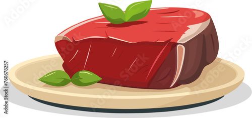 Picanha Brazilian beef cut. Illustration of a Beef Steak on a Plate with Basil Leaves