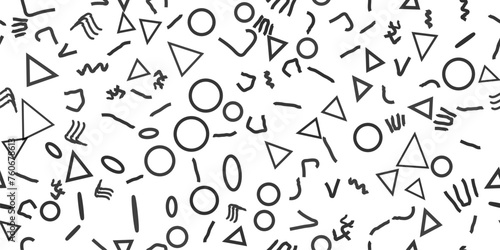 Line Fun Textile Pattern. 1980s Geometric Style. Line Seamless Doodle. Line Seamless Circle. Fun Fashion Element. Fabric Dash Triangle. Funky Decorative Wallpaper Cloth. Vector Set Scribble Background