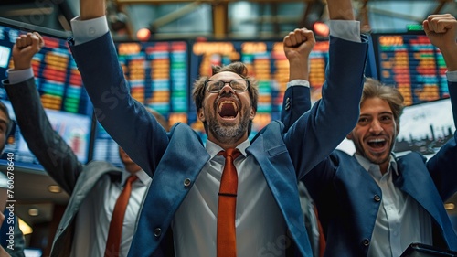 A group of prosperous stock exchange brokers are celebrating their successful investment bid on the securities market.