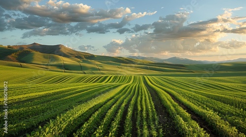 The warm evening sun bathes rolling agricultural fields in golden light  highlighting the symmetrical beauty of the furrows against the undulating hills.
